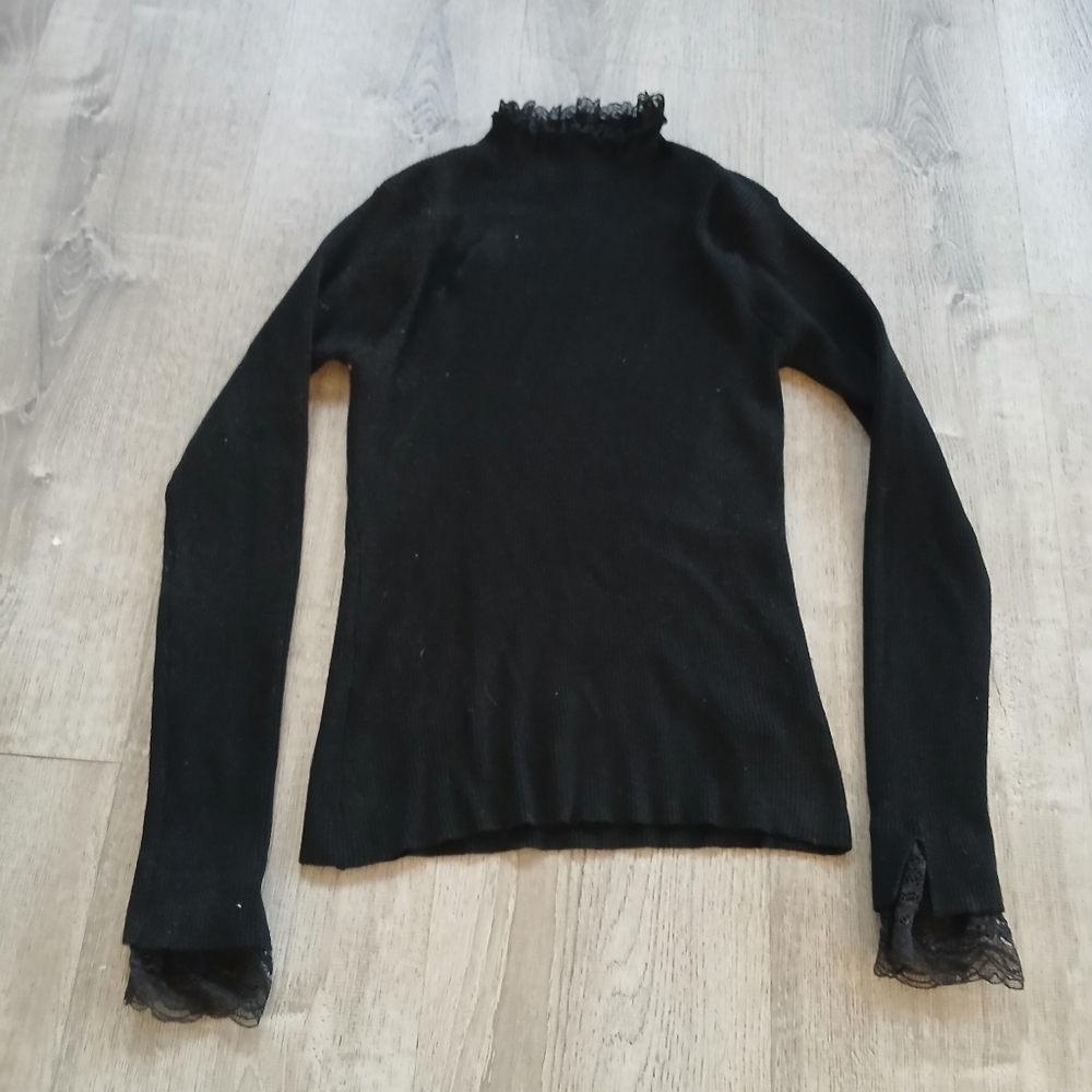 Moon River Lace Trim Turtleneck Top